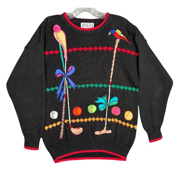 P Galli Sweaters - Vintage Womens Golf Sweater Medium Black Embroidered Preppy Old Money Retro